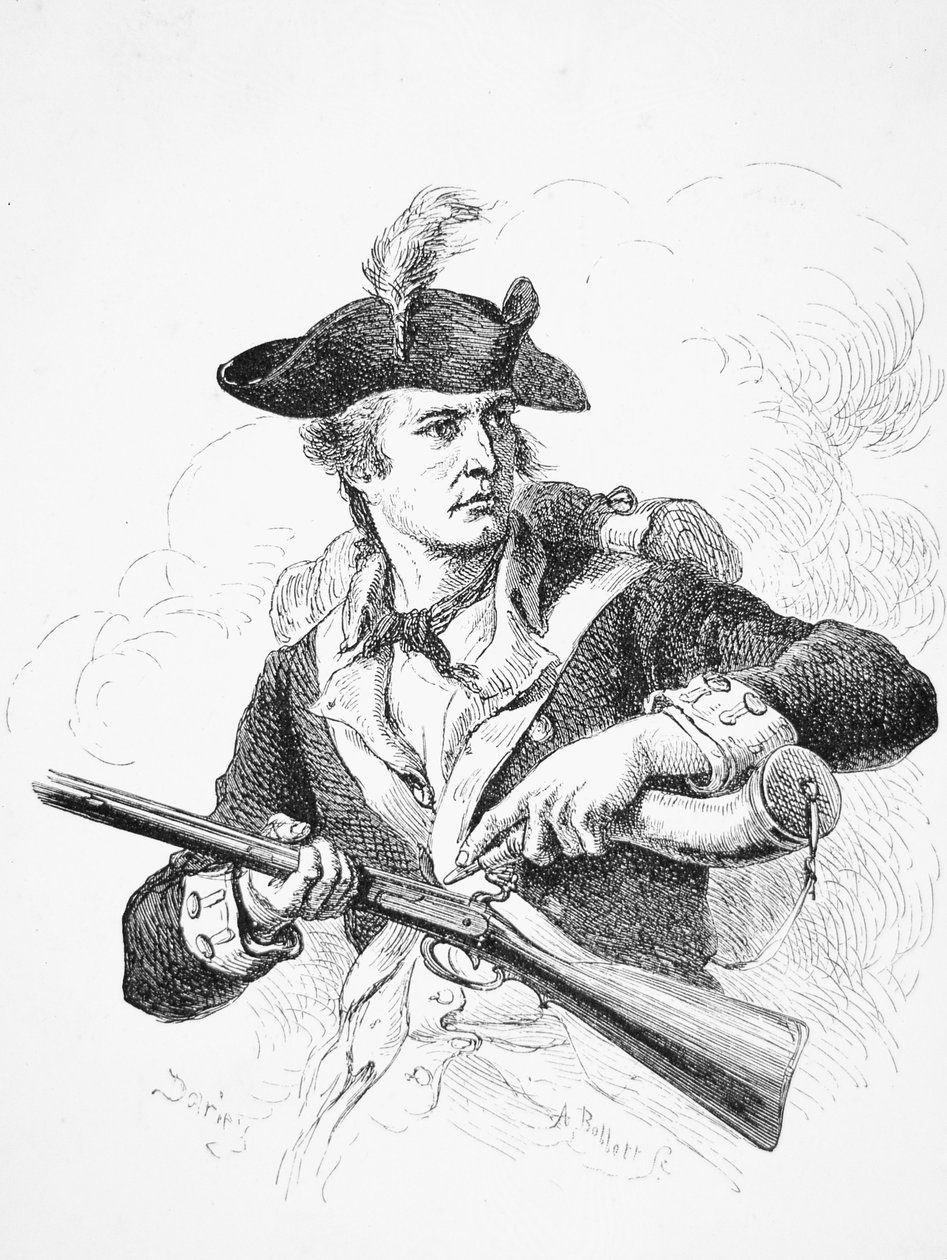 En amerikansk soldat, under uavhengighetskrigen, brukte pulverhornet sitt til å prime pannen på flintlåsmusketten hans, gravert av A. Bollett (gravering) av Felix Octavius Carr (after) Darley