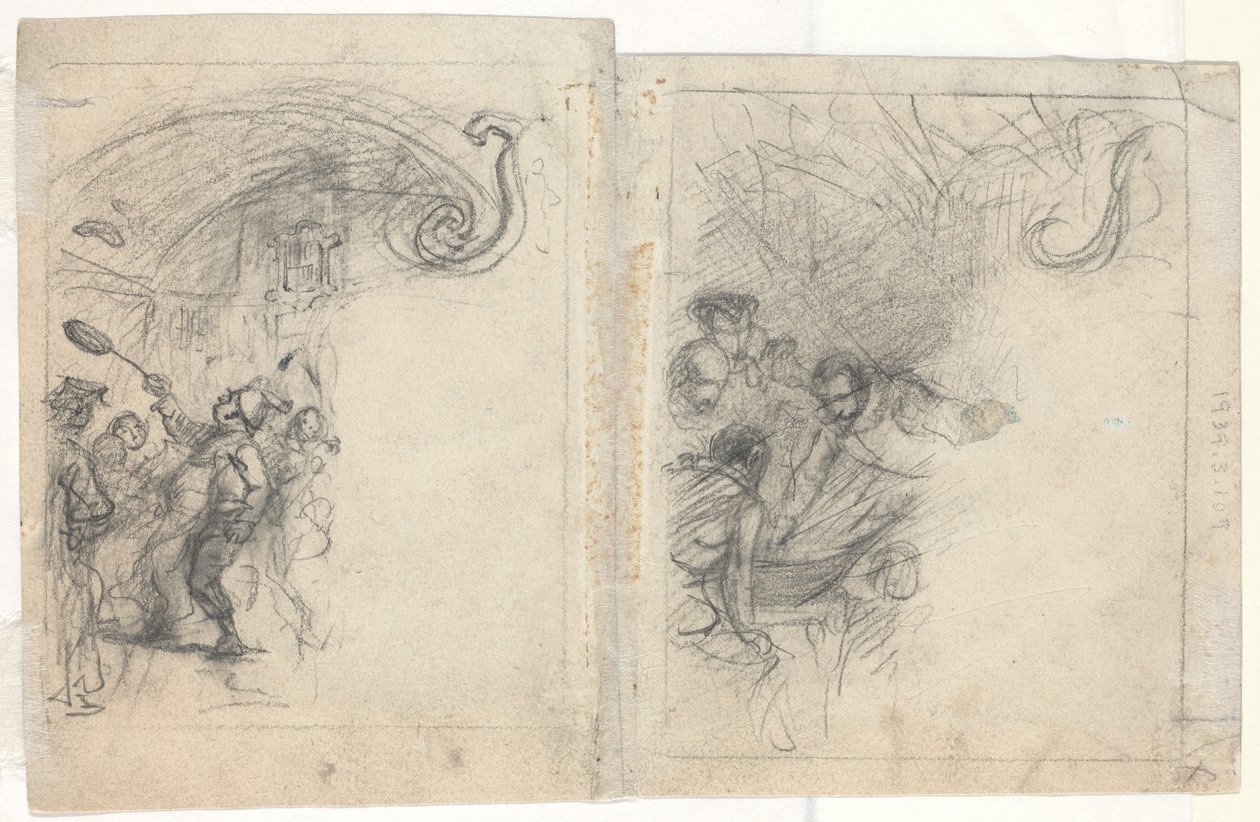Kokken kaster pannekaker og gruppe på fire menn [verso] av Felix Octavius Carr Darley
