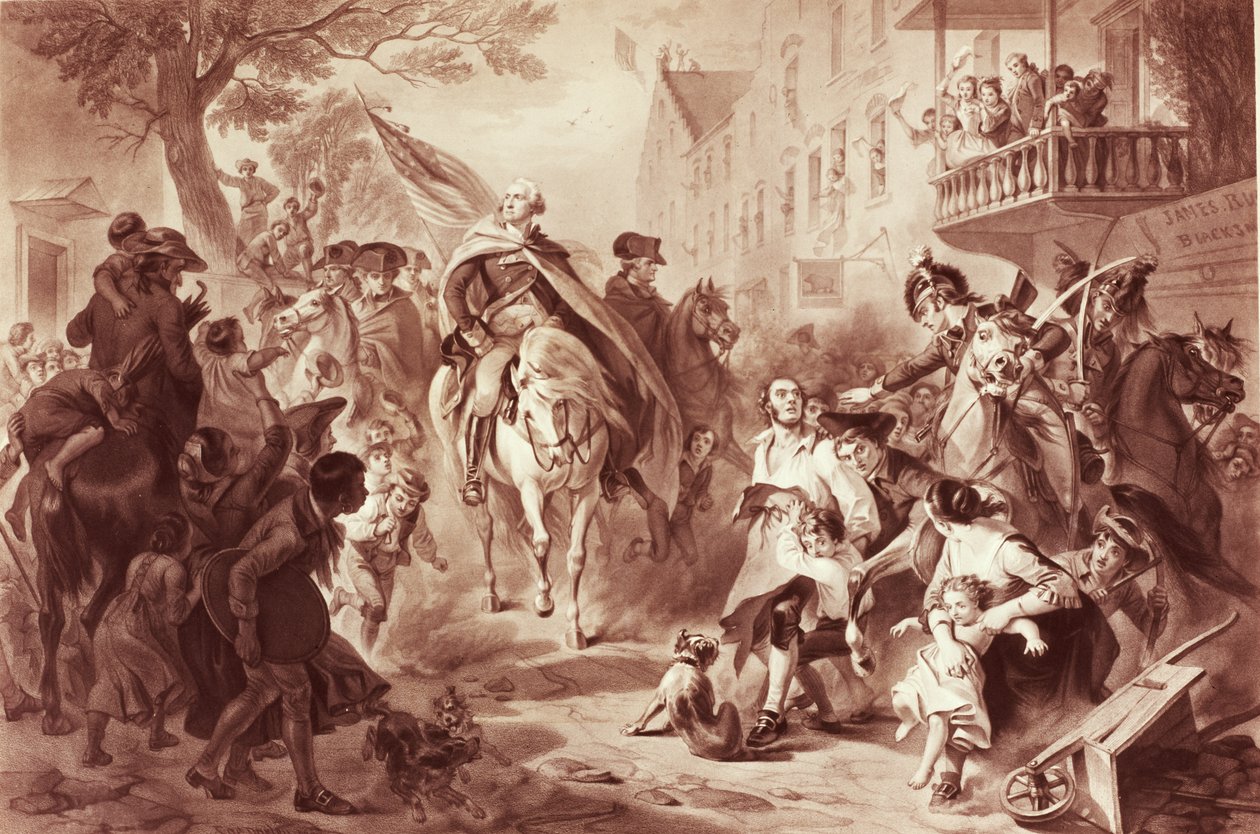 George Washington kom inn i New York i 1783, gravert av Alexander Hay Ritchie (1822-1895) (mezzotint) av Felix Octavius Carr Darley