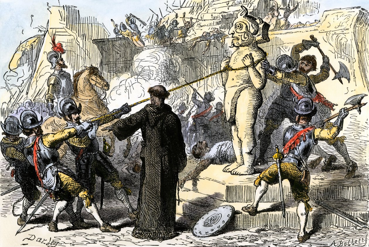 Spanske prester ødelegger aztekiske avguder i Mexico. 1800-tallet (farget gravering) av Felix Octavius Carr Darley