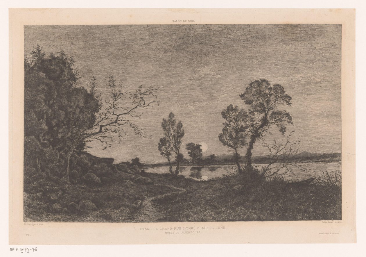 Landskap med innsjø ved måneskinn Étang de Grand-Rue (Yonne) Clair de Lune (tittel på objekt) av Felix Oudart