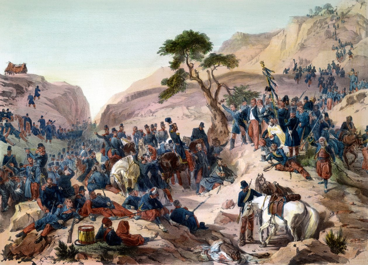 Episode of the conquete of Algeria in 1840 - Battle of the Mouzaia Pass (1840) - The Duke of Orleans exercises command in the French army - engraving by Philippoteaux - The French army wins the Teniah of Mouzaia battle for the mountain pass of Mouzaia on 1 av Felix Philippoteaux