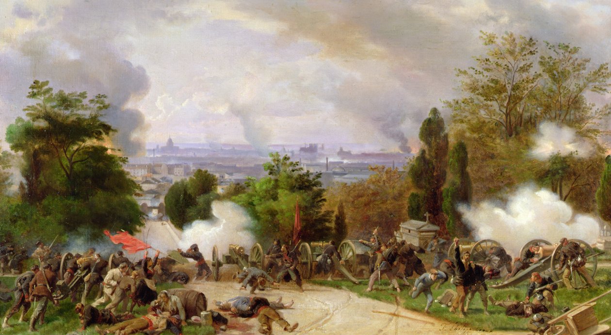 Kamp på kirkegården til Pere Lachaise i 1871 (olje på lerret) av Felix Philippoteaux