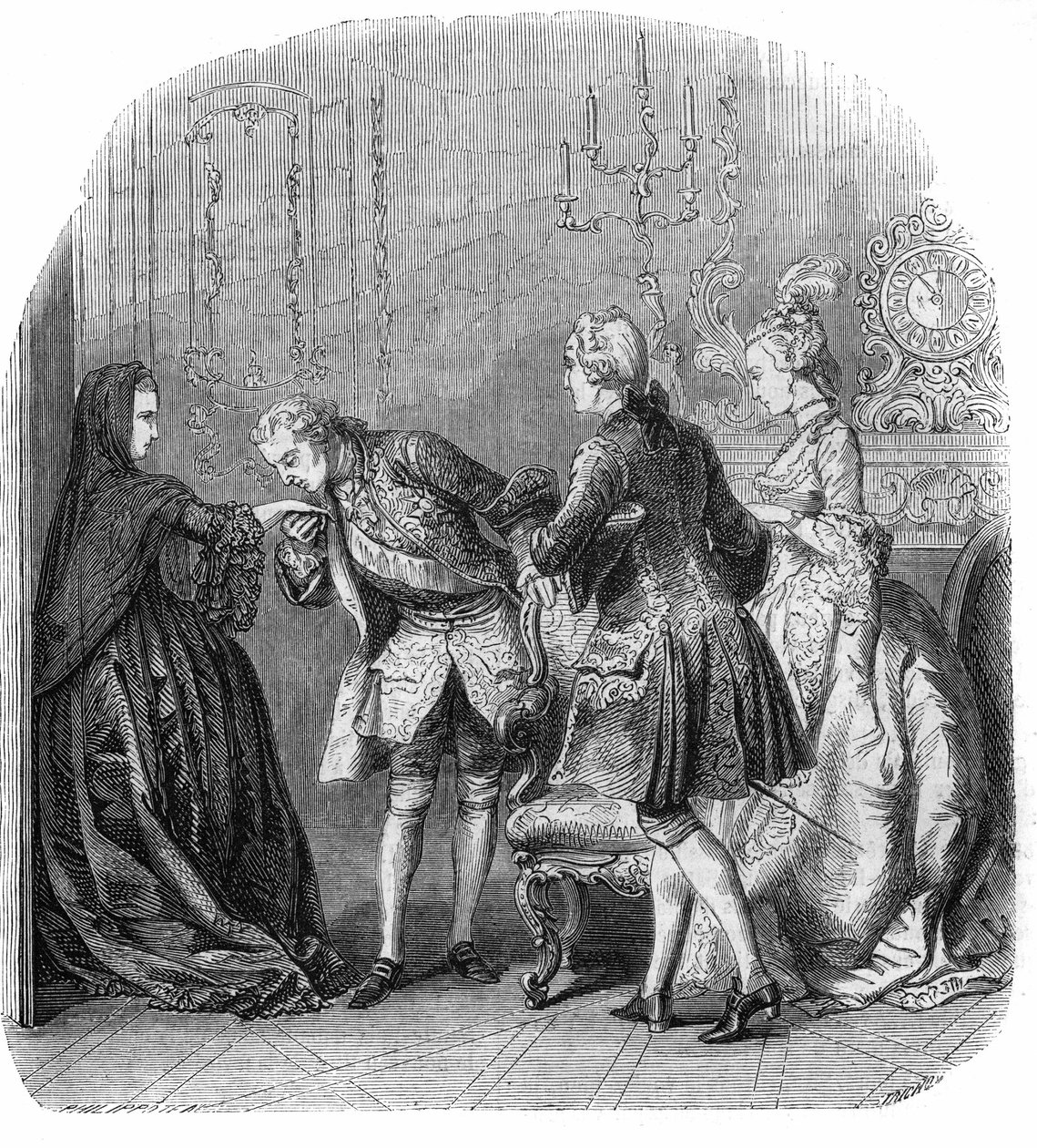 Louis XV (1710-1774) kysser hånden til prinsessen av Lamballe (Marie Therese Louise de Savoie-Carignan eller Savoie Carignan) (1749-1792), i nærvær av Marquis de Richelieu og Melle Lange (fremtidig grevinne av Barry ( Madame du Barry) født Jeanne Be av Felix Philippoteaux