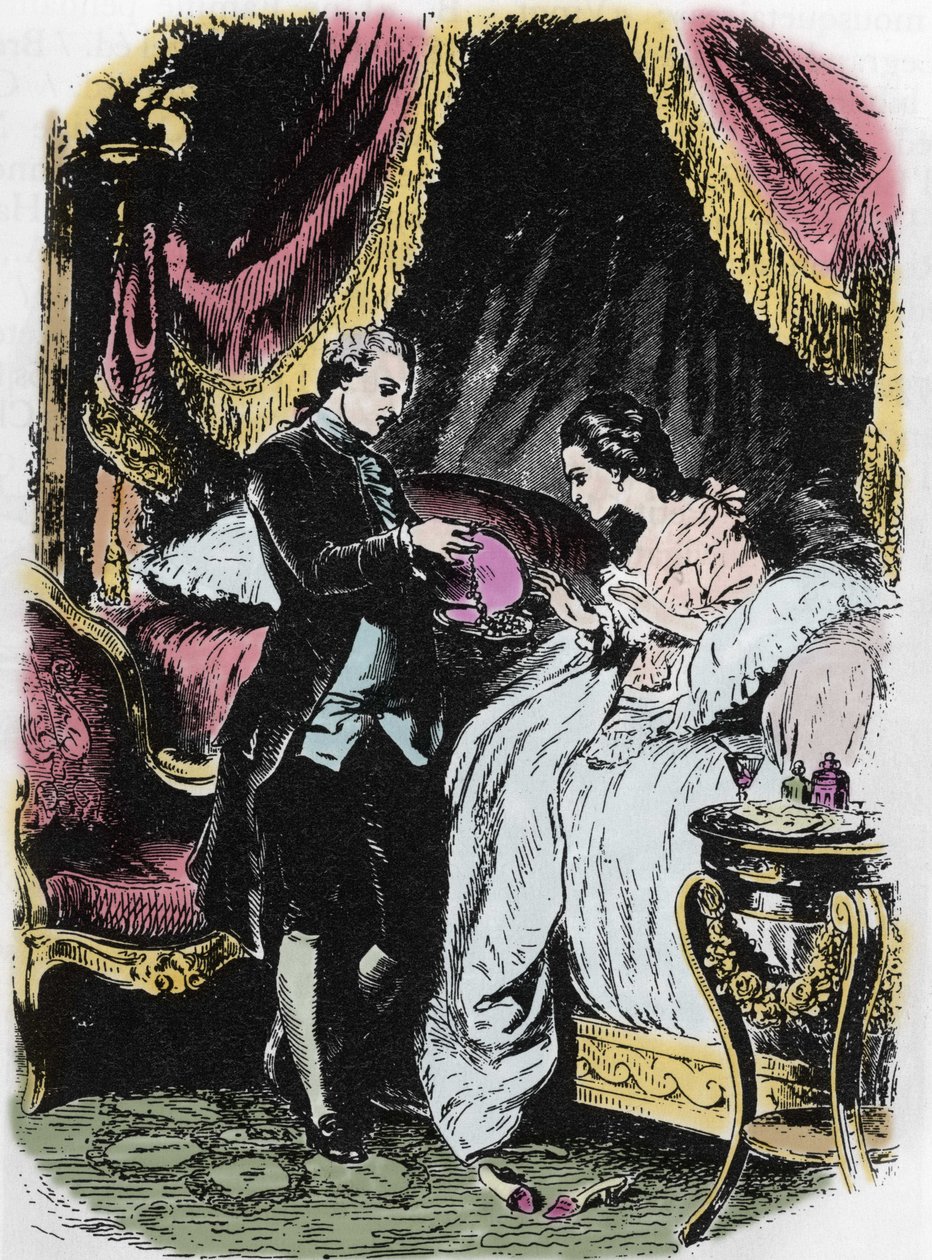 Dronningens brennevin inspirerer halskjedet. Tegning av Felix Philippoteaux (1815-1884) for Alexandre Dumas sin «Dronningens halskjede». av Felix Philippoteaux
