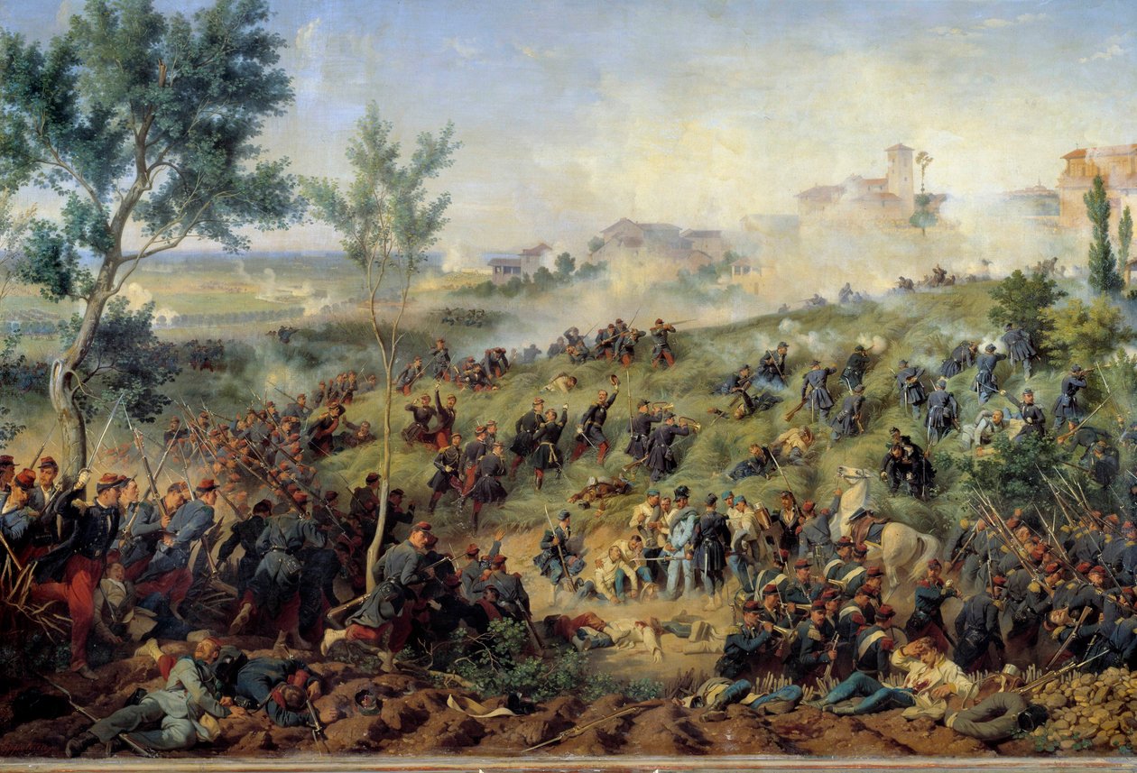 Utsikt over slaget ved Montebello di Casteggio, 20.05.1859 Frankrike vinner den østerrikske hæren. Maleri av Henri-Felix-Emmanuel Philippoteaux (1815-1884) 1862. Dim. 1x1,5 m. Paris, Musee de l