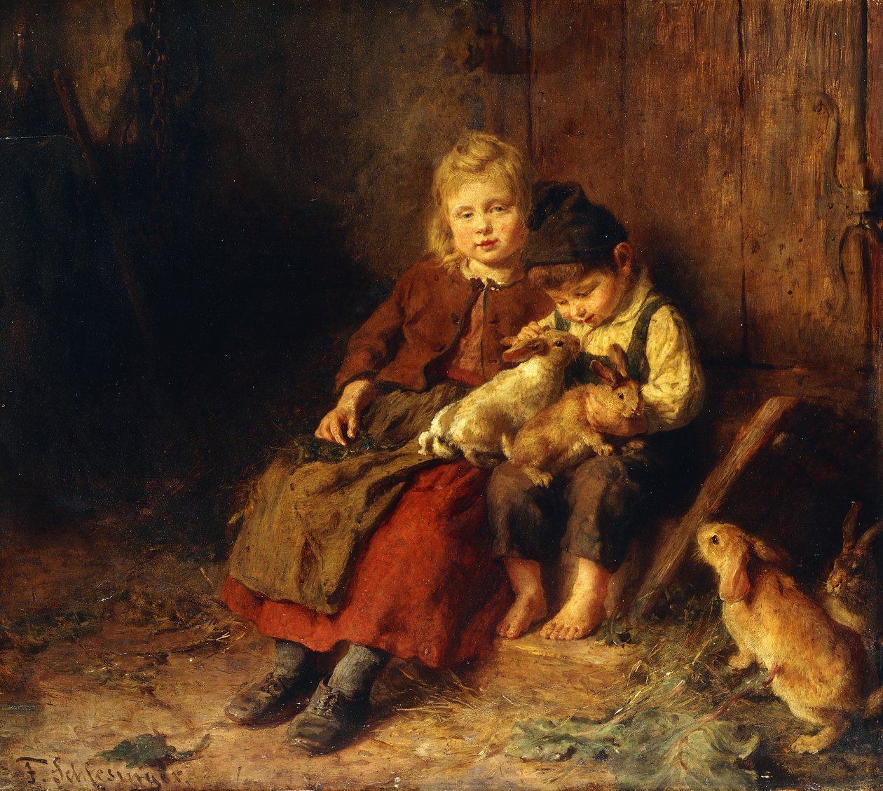To barn som leker med kaniner, av Felix Schlesinger