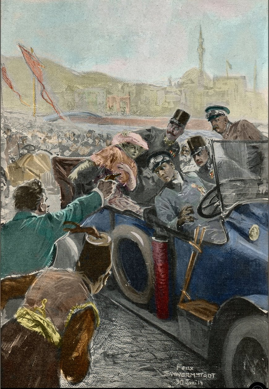 Attentatet på Franz Ferdinand (1863-1914) erkehertug av Østerrike, og hans kone Sophie i Sarajevo (gravering) av Felix Schwormstadt