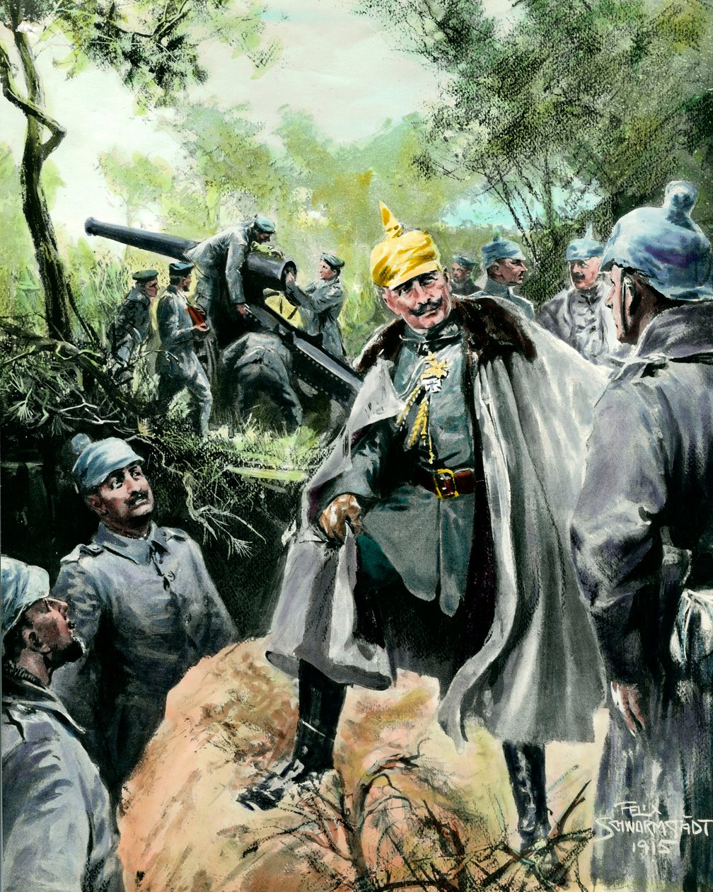 Første verdenskrig: "" Portrett av keiser Vilhelm II (1859-1941) på besøk på en artilleripost"" Trykk av Felix Schwormstadt (1870-?) 1915 Privat samling av Felix Schwormstadt