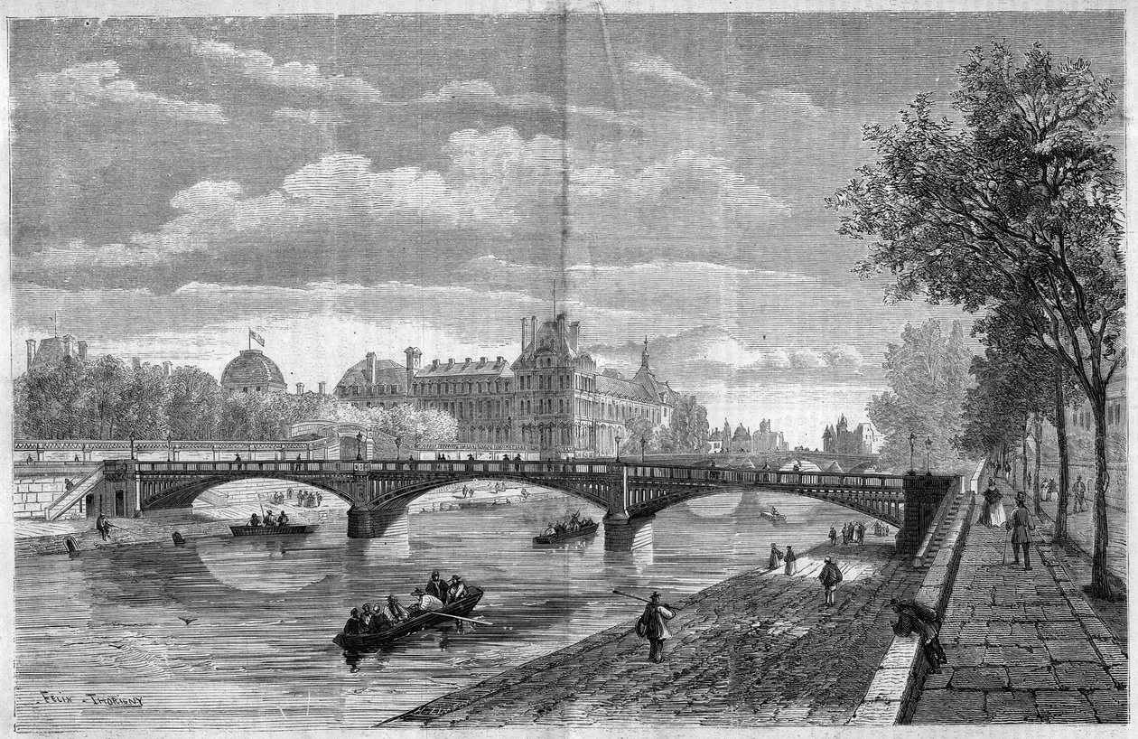 Arkitektur: utsikt over broen til Solferino i Paris. Bygget av ingeniør Paul Martin Gallocher de Lagalisserie (1805-1871) og innviet i 1861, ble det demolert i 1960 og erstattet av Senghor-broen (Solferino-broen). Gravering av Felix Thorigny i av Felix Thorigny