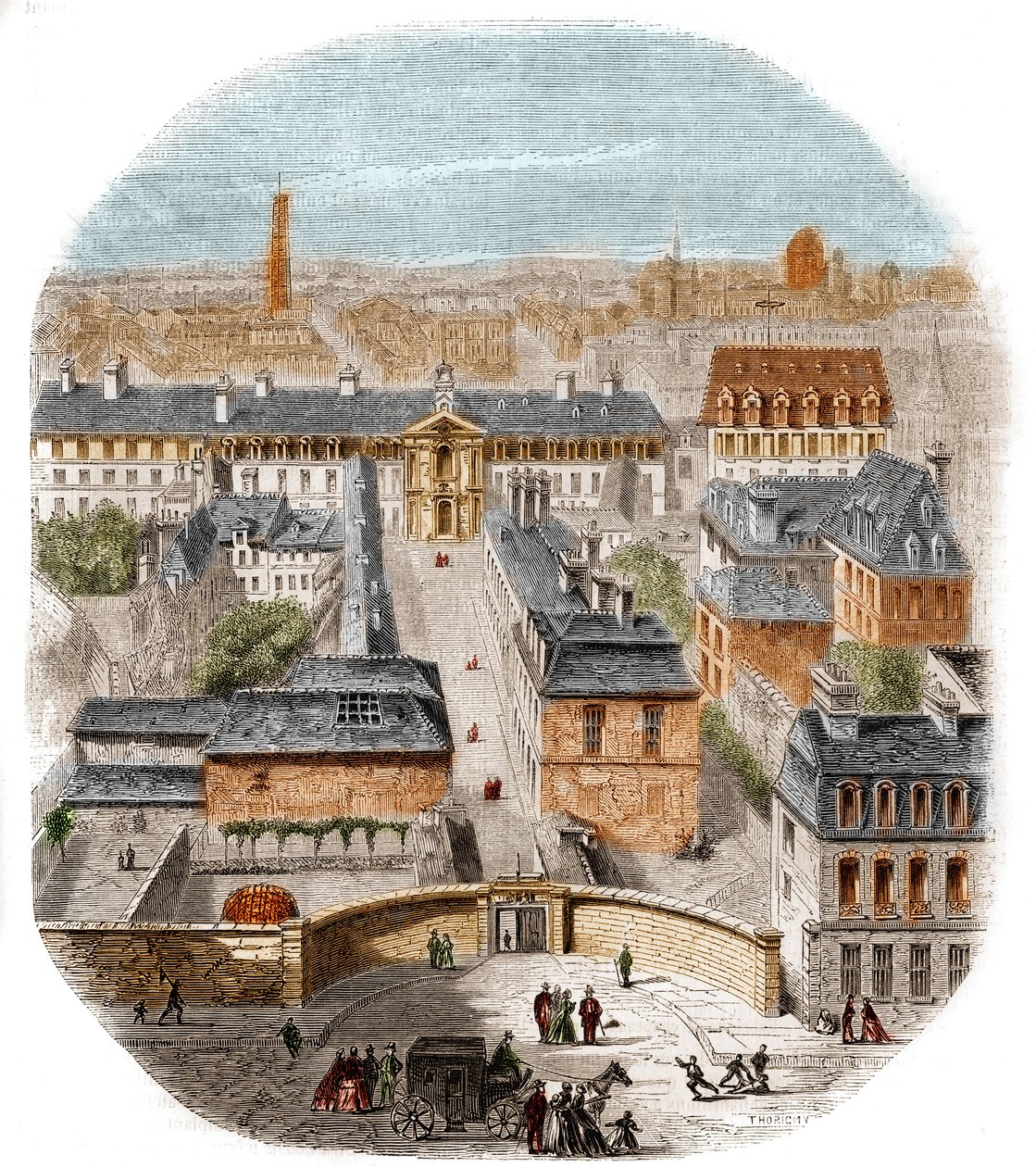 Utsikt over Gobelins billedvevfabrikk i Paris, med Capuchins-klosteret, observatoriet og slottet til dronning Blanche. Gravering av Thorigny av Felix Thorigny