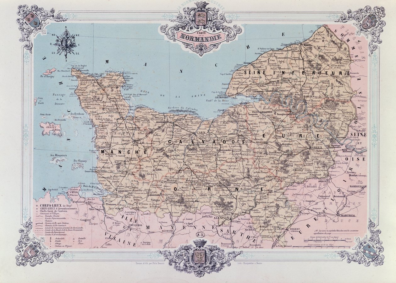 Kart over Normandie, fra 1. bind av La Normandie Illustree, gravert av Charpentier, utgitt i Nantes 1852 av Felix after Benoist
