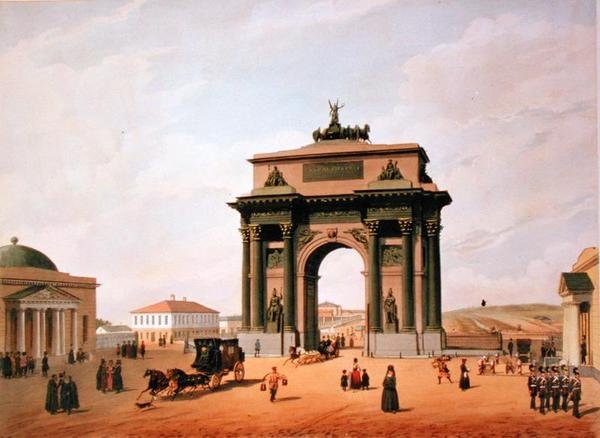 Triumfbuen på Tverskaya-plassen i Moskva, trykt av Lemercier, Paris, 1840-tallet av Felix after Benoist