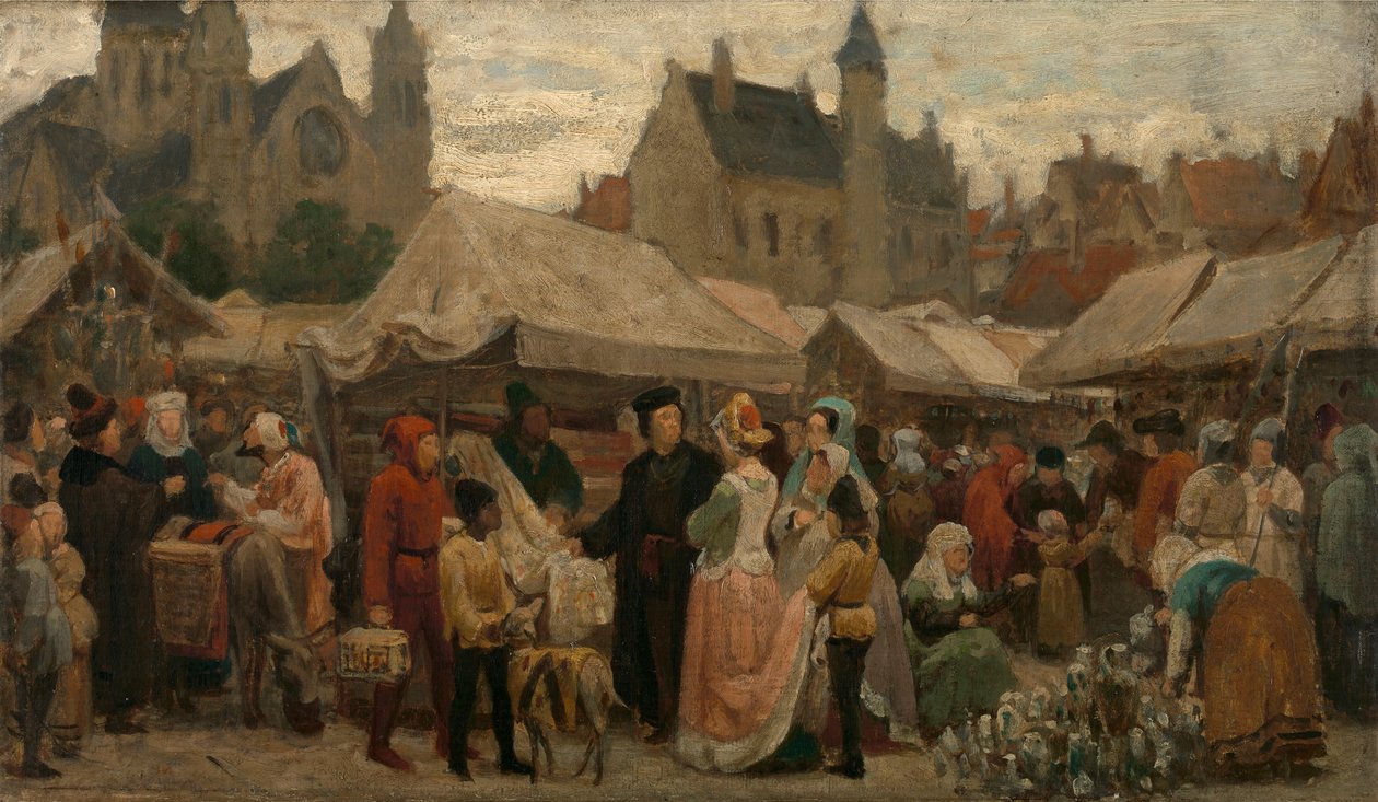 En marked i Gent i middelalderen, studie, ca. 1862 (olje på lerret) av Felix de Vigne