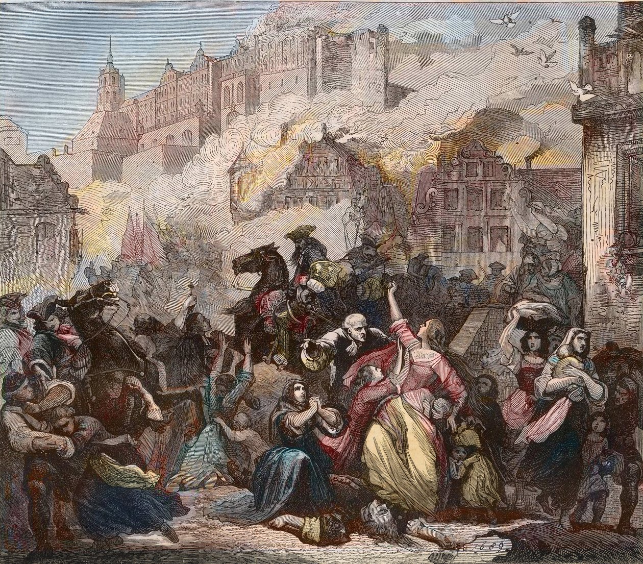 Destruction of Heidelberg by the French under General Ezechiel Melac, 2 March 1689 - Heidelberg Castle Fire - 1689 - Nine Years