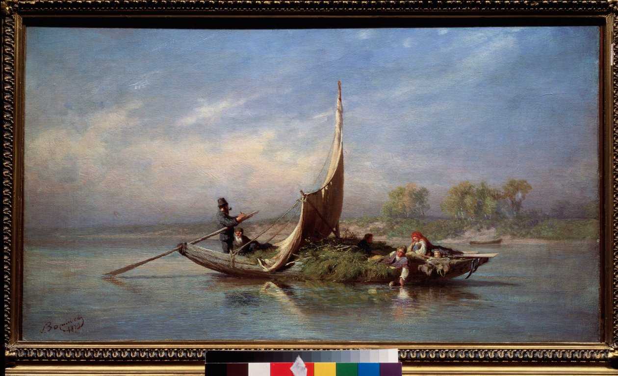 Familie i en båt (Transportere fôr i en seilbåt) - Familie i en båt - Maleri av Fjodor Vasilyev (Feodor Alexandrovich, Fiodor Alexandrovitch Vasiliev (1850-1873), olje på lerret av Feodor Alexandrovich Vassiliev