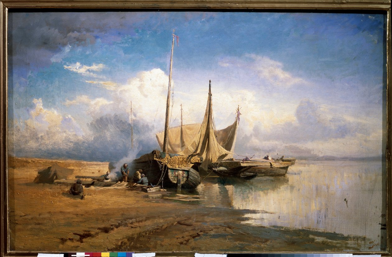 View of the Volga, Boats (View of the Volga, Boats) - Maleri av Fyodor Alexandrovich Vasilyev (Feodor Alexandrovich, Fiodor Alexandrovitch Vasiliev) (1850-1873), olje på lerret av Feodor Alexandrovich Vassiliev