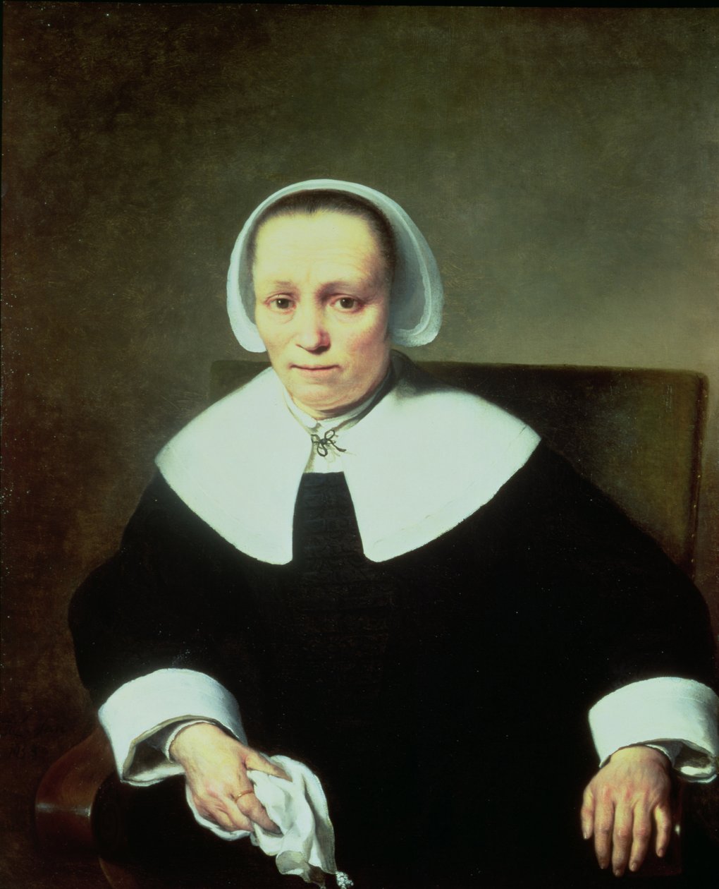 Portrett av en dame med hvit krage og mansjetter av Ferdinand Bol