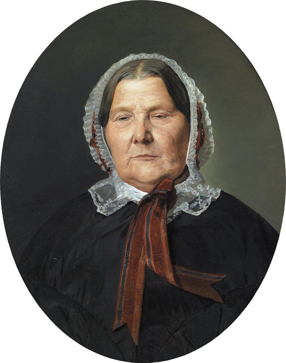 Gammel kvinne i svart kjole og hvit frilly hette med røde bånd av Ferdinand Georg Waldmuller