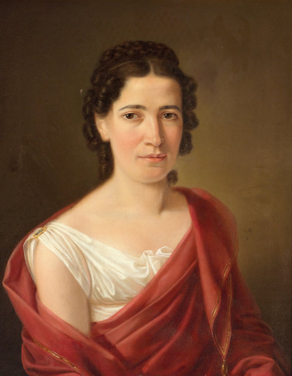 Svarthåret kvinne i hvit kjole og vinrødt sjal av Ferdinand Georg Waldmuller