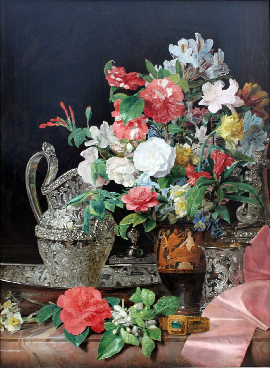 Bukett blomster med sølvkar og antikk vase av Ferdinand Georg Waldmuller