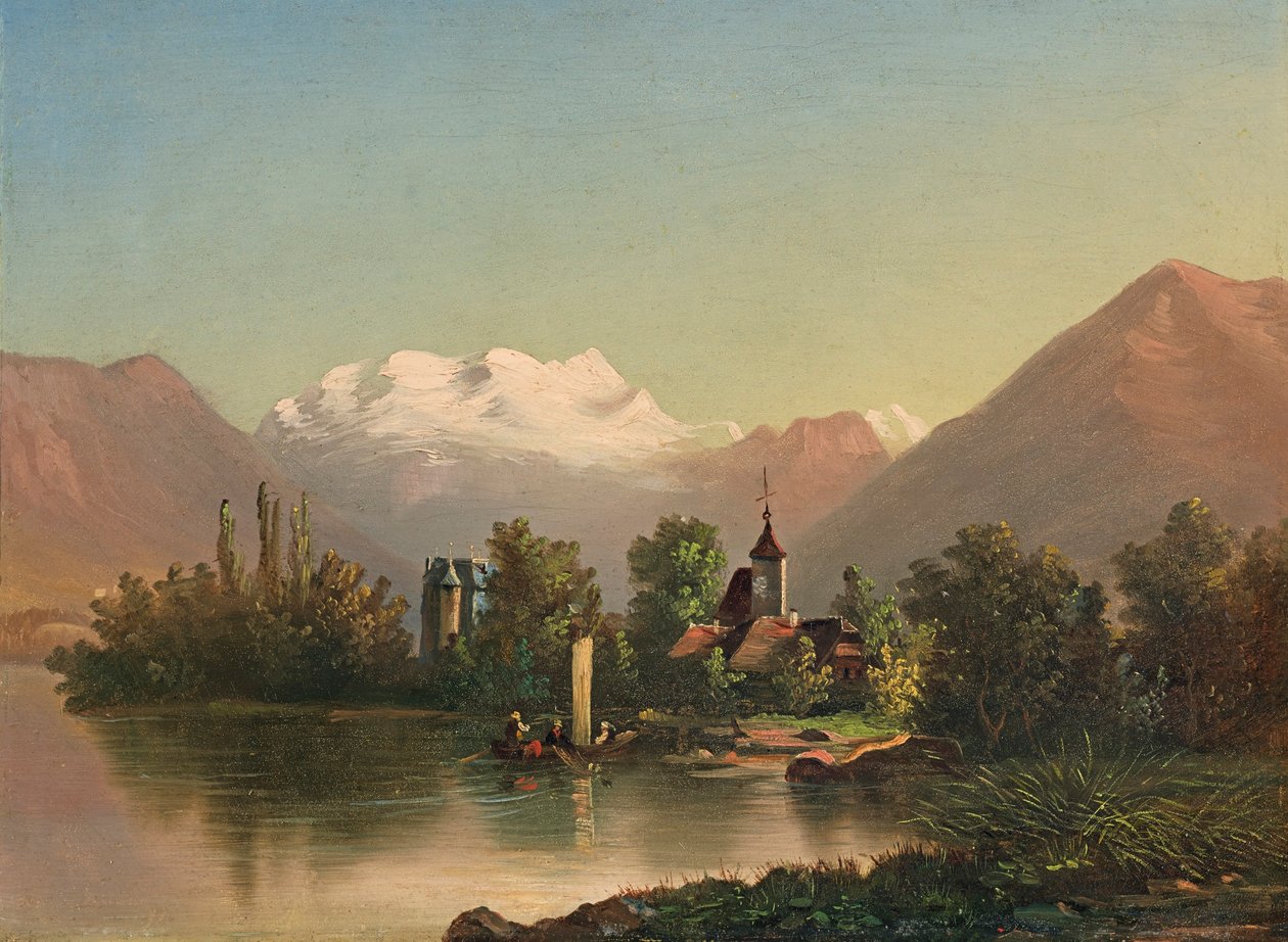 Schadau slott med kirken Scherzlingen og Blümlisalp (1871) av Ferdinand Hodler
