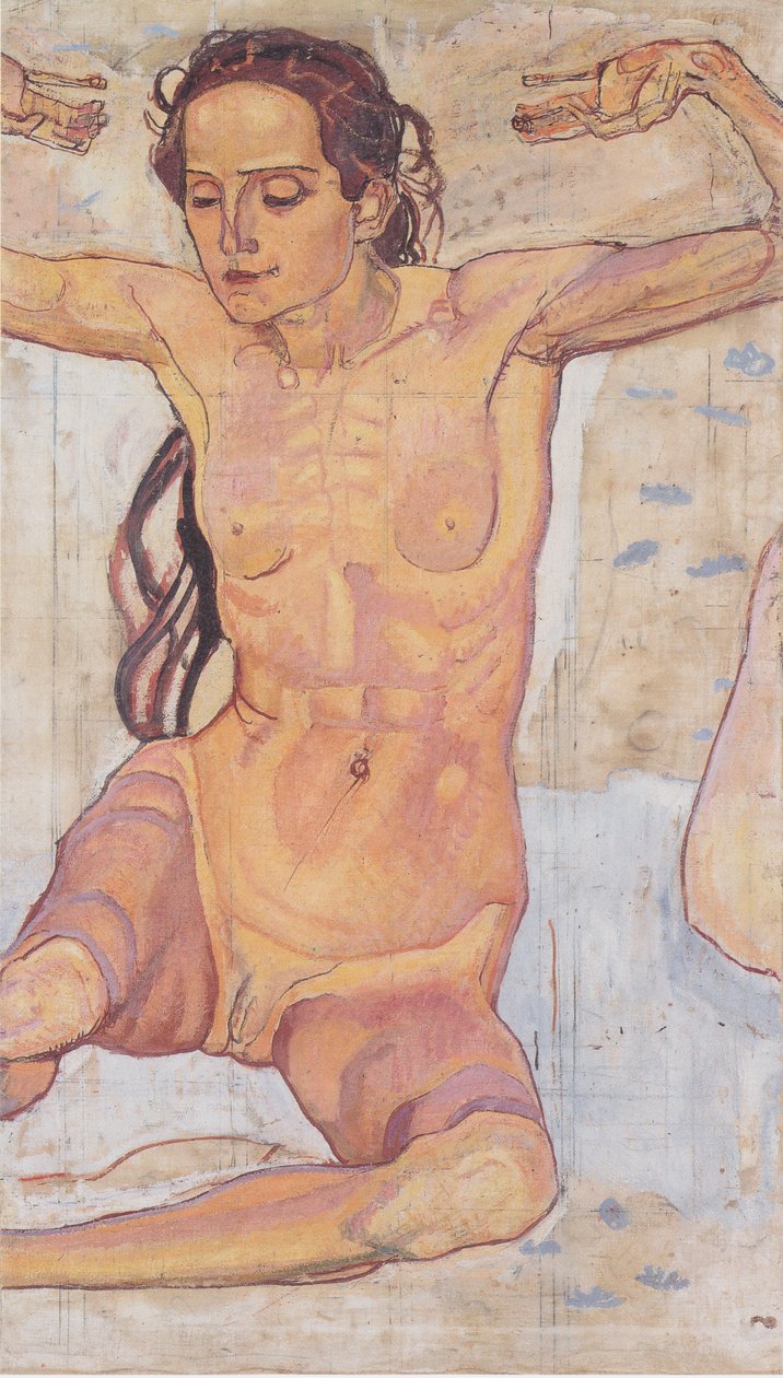 Sitter kvinnelig naken med hevede armer av Ferdinand Hodler