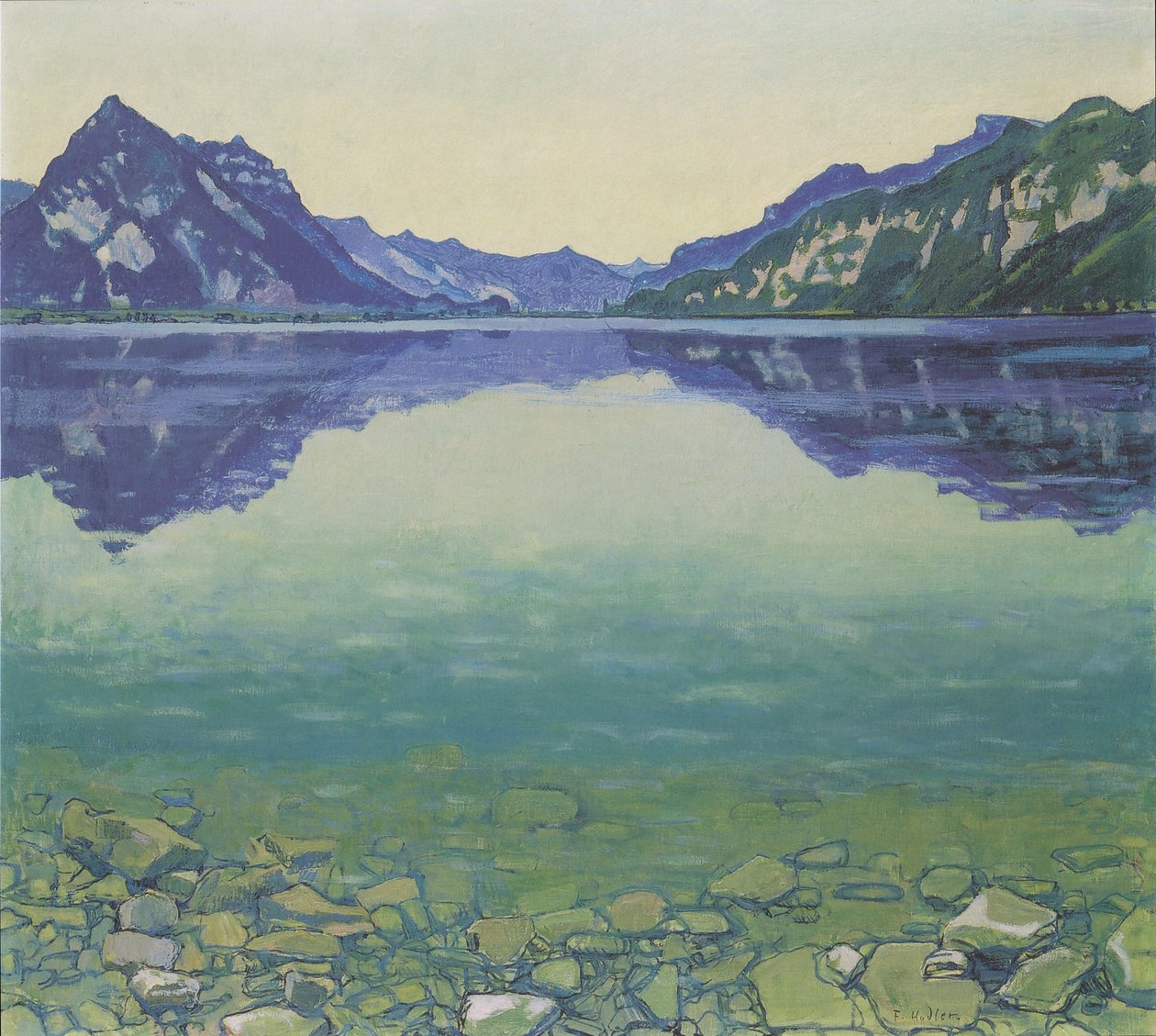 Thunsjøen med symmetrisk refleksjon før soloppgang av Ferdinand Hodler