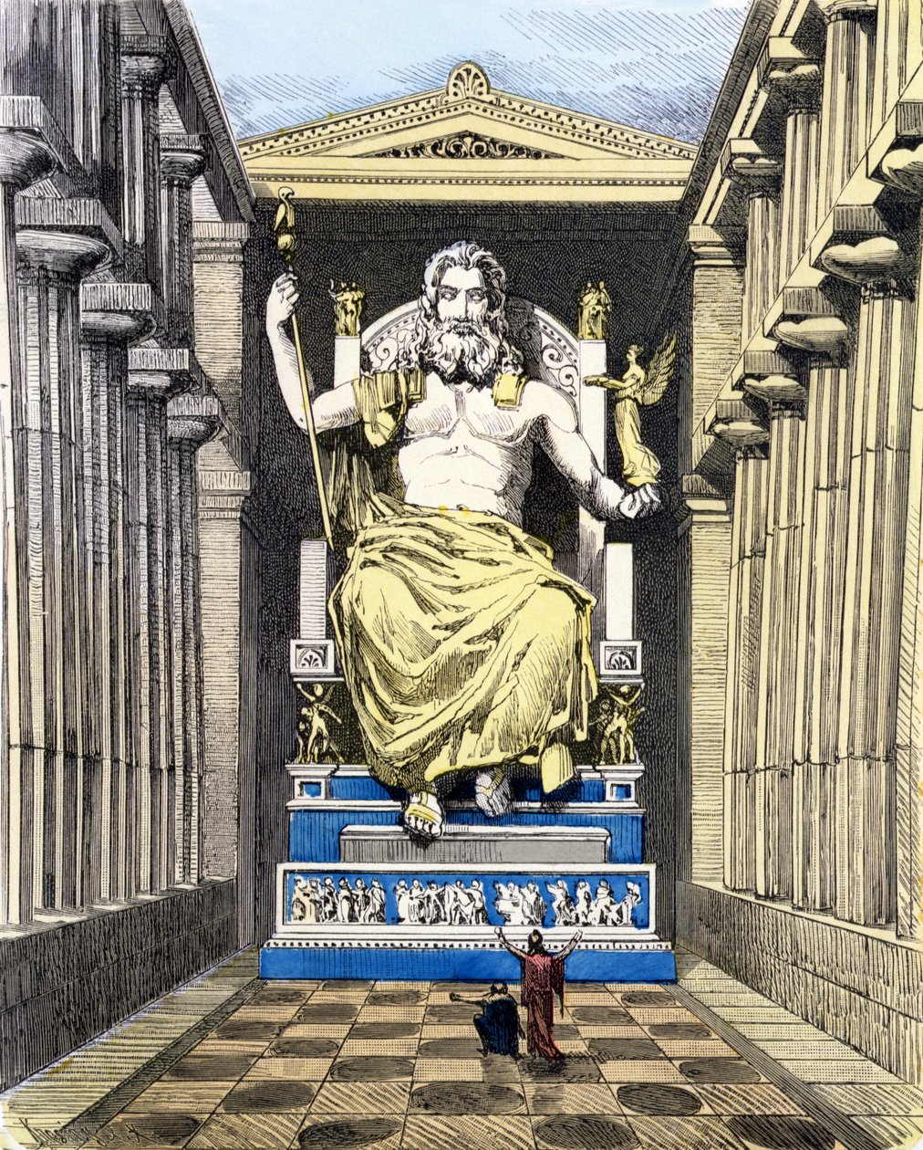 Statue av den olympiske Zeus av Pheidias, fra en serie av "Seven Wonders of the Ancient World" publisert i "Muenchener Bilderbogen", 1886 (fargegravering) av Ferdinand Knab