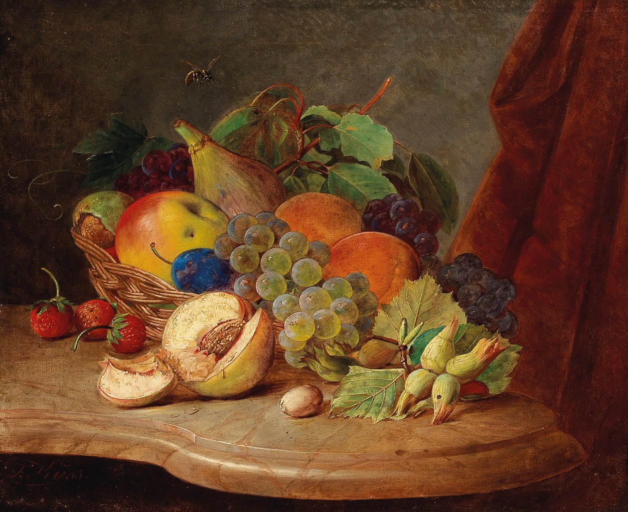 Stilleben med kurv med frukt og bi av Ferdinand Kuss