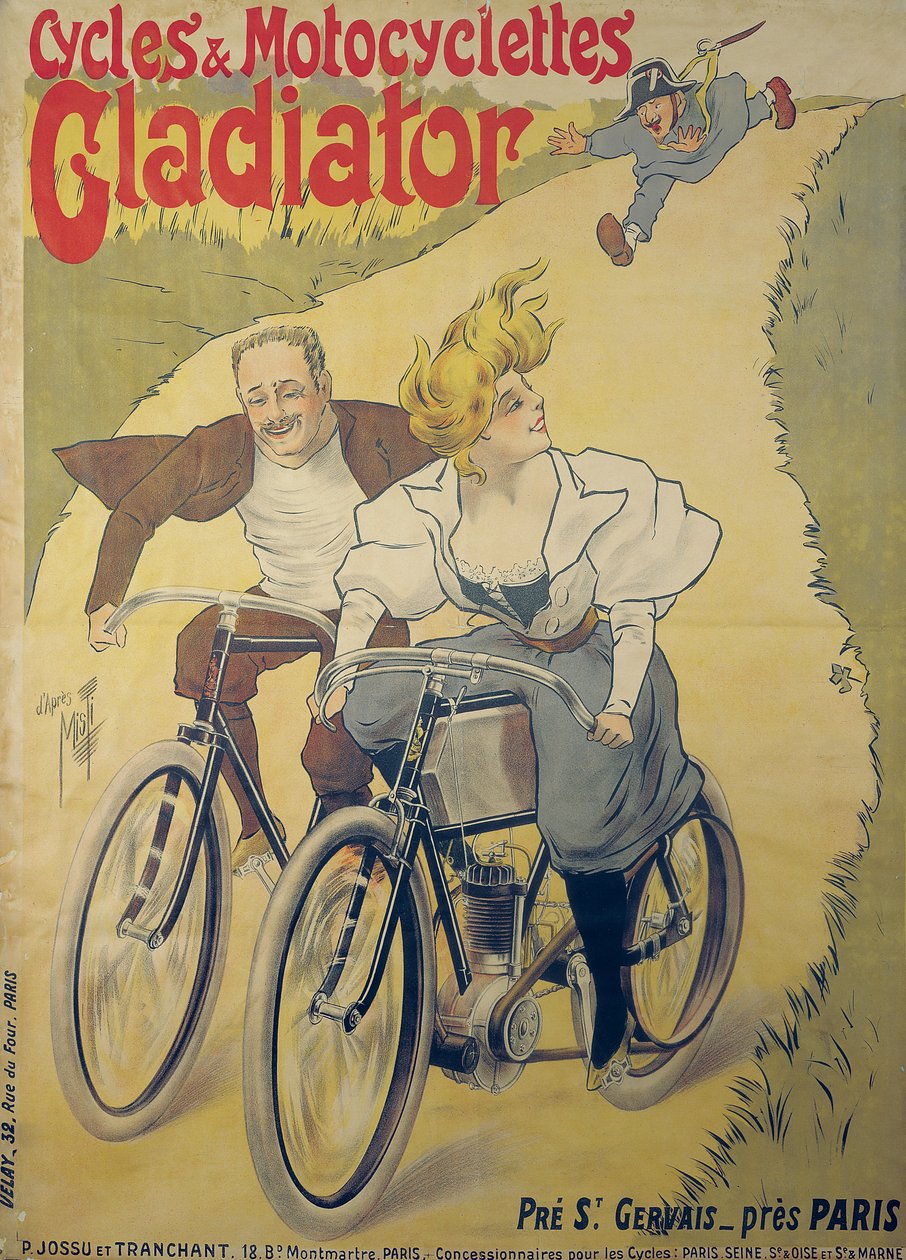 Plakat reklame Gladiator sykler og motorsykler av Ferdinand Misti Mifliez