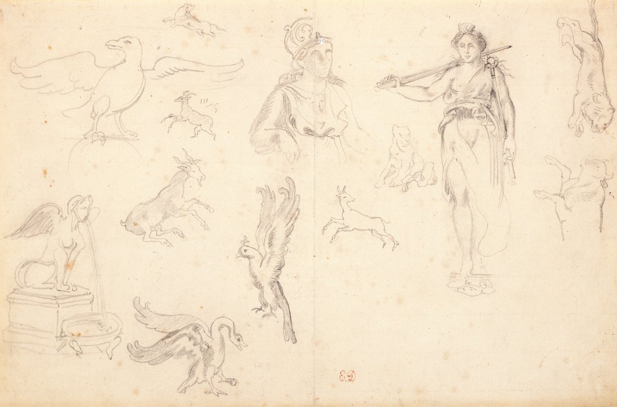 Dyre- og figurstudier (svart kritt på lagt papir) av Ferdinand Victor Eugene Delacroix