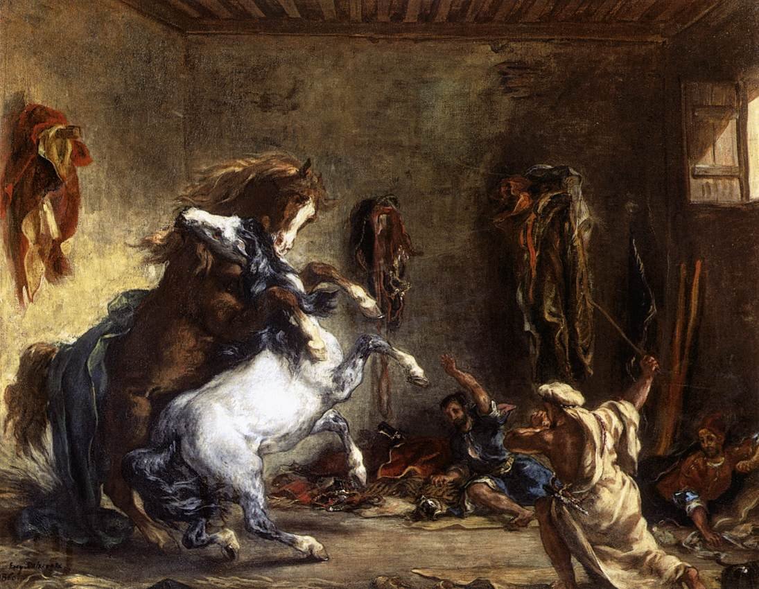 Arabiske hester som kjemper i en stall av Ferdinand Victor Eugene Delacroix