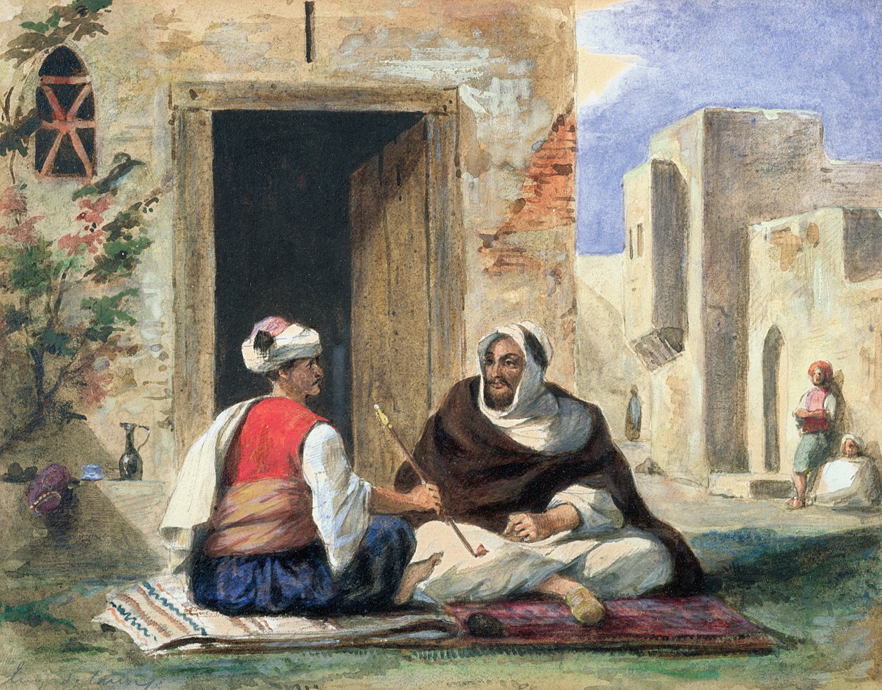 Arabiske menn som røyker foran et hus av Ferdinand Victor Eugene Delacroix