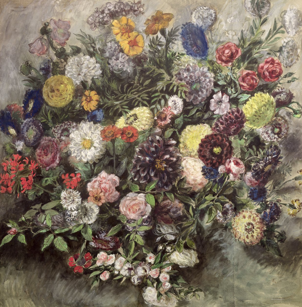 Bukett med blomster (wc, gouache og pastell på papir) av Ferdinand Victor Eugene Delacroix