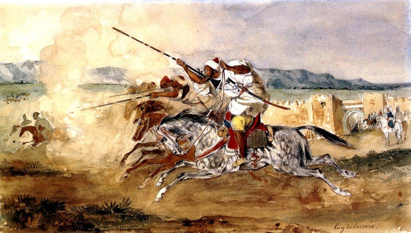 Fantasia eller Game of Powder, foran inngangen til byen Méquinez av Ferdinand Victor Eugene Delacroix