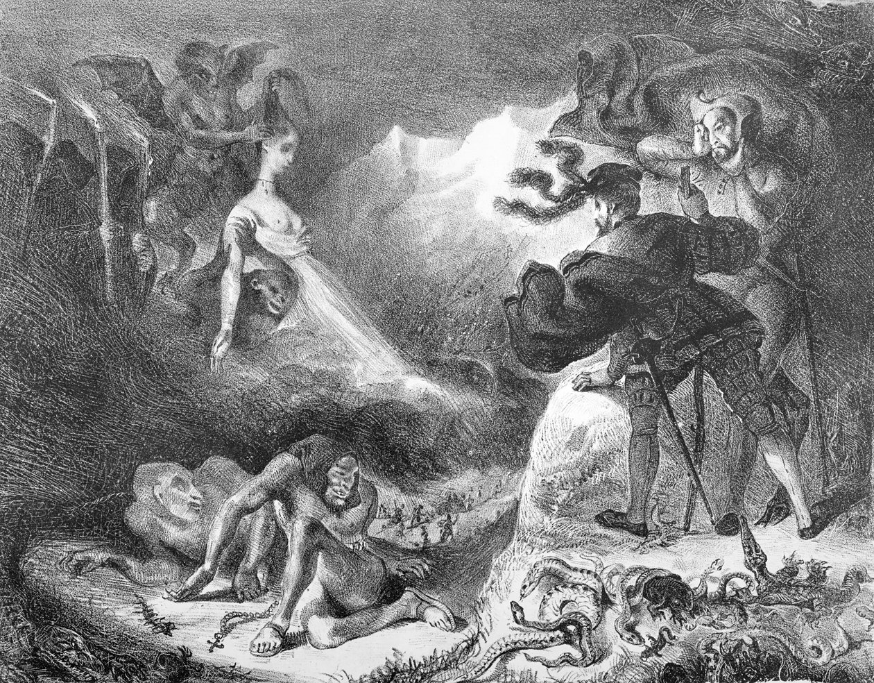 Faust og Mephistopheles på heksesabbaten, fra Goethes Faust, 1828, (illustrasjon), (bw-foto av litografi) av Ferdinand Victor Eugene Delacroix