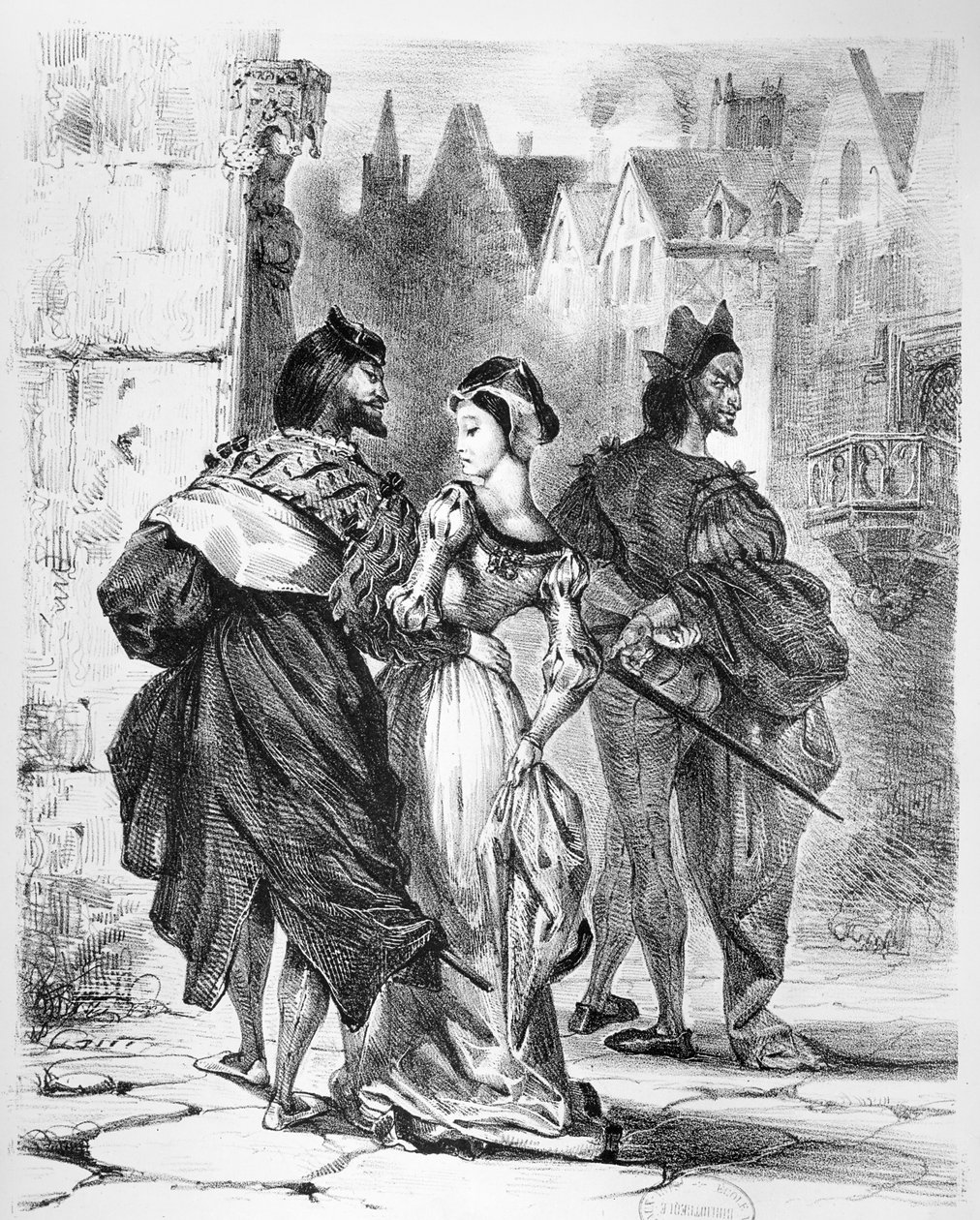 Faust møter Marguerite, fra Goethes Faust, etter 1828, (illustrasjon), (bw foto av litografi) av Ferdinand Victor Eugene Delacroix