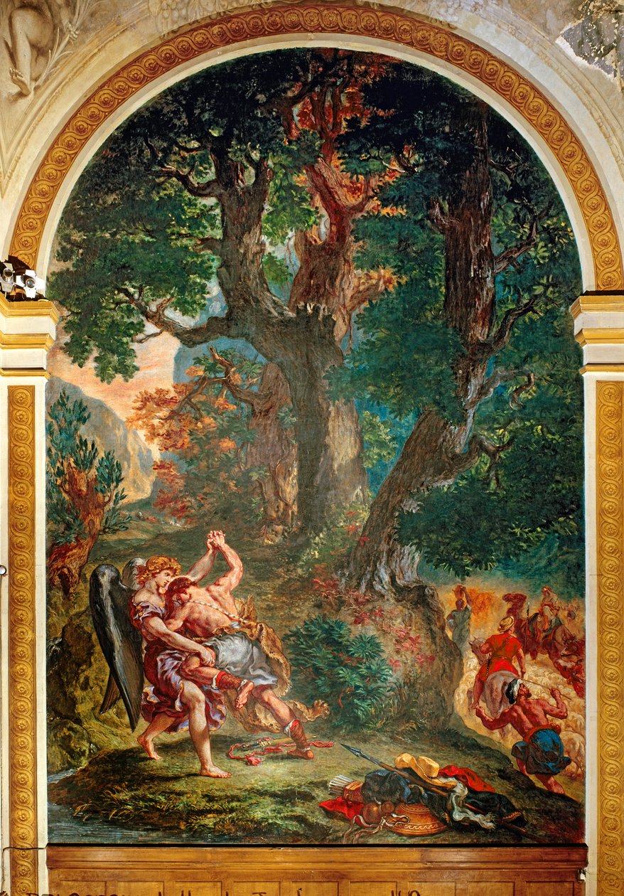 Kamp mellom Jakob og engelen, 1850-61 (olje og voks på gips) (se detalj 252678) av Ferdinand Victor Eugene Delacroix