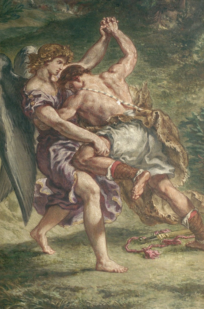 Kamp mellom Jakob og engelen, detalj, chapelle des Saints-Anges, 1850-61 (olje og voks på gips) (se også 59927) av Ferdinand Victor Eugene Delacroix