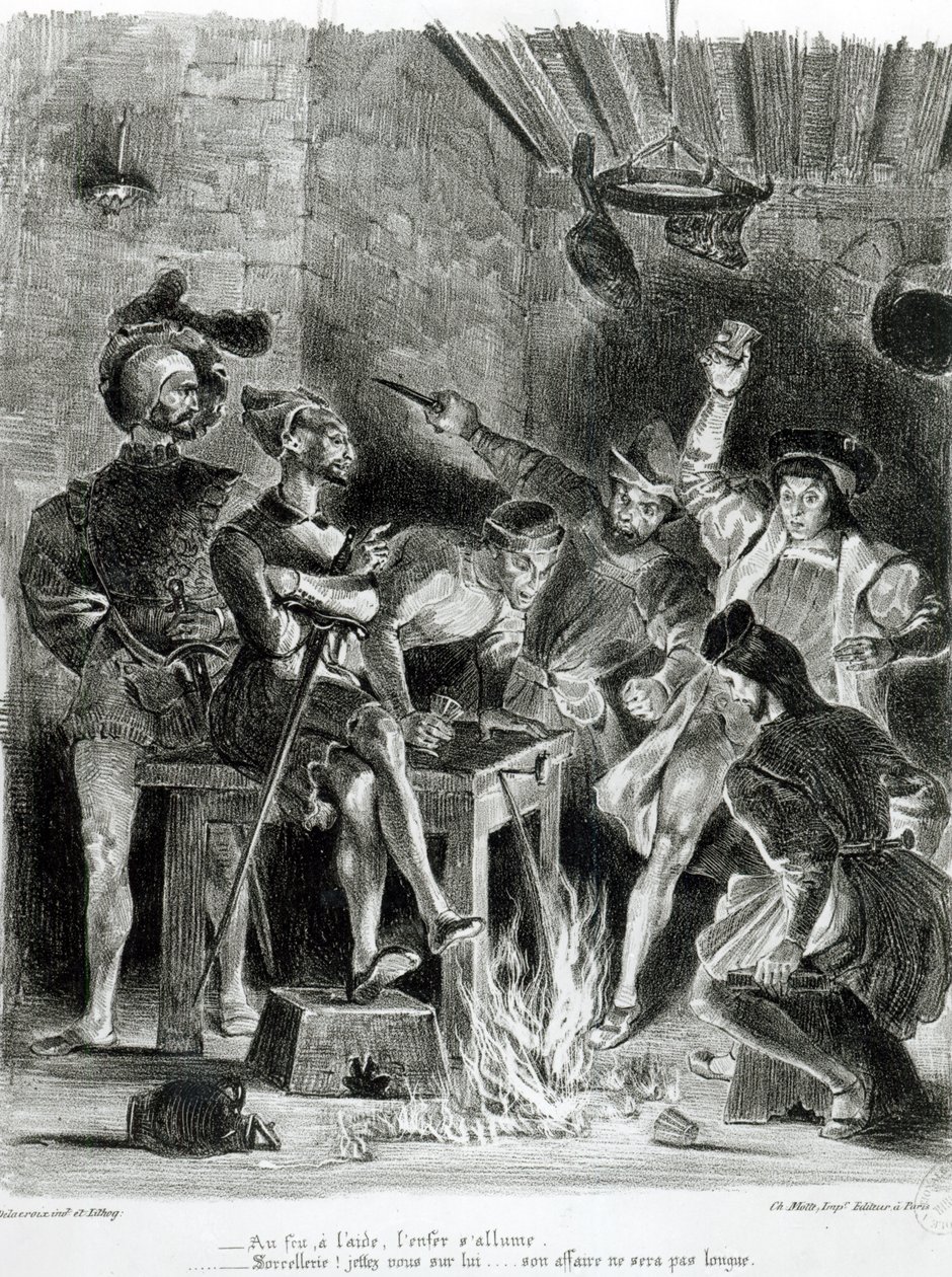 Mephistopheles and the Drinking Companions, fra Goethes Faust, 1828, (illustrasjon), (bw-foto av litografi) av Ferdinand Victor Eugene Delacroix