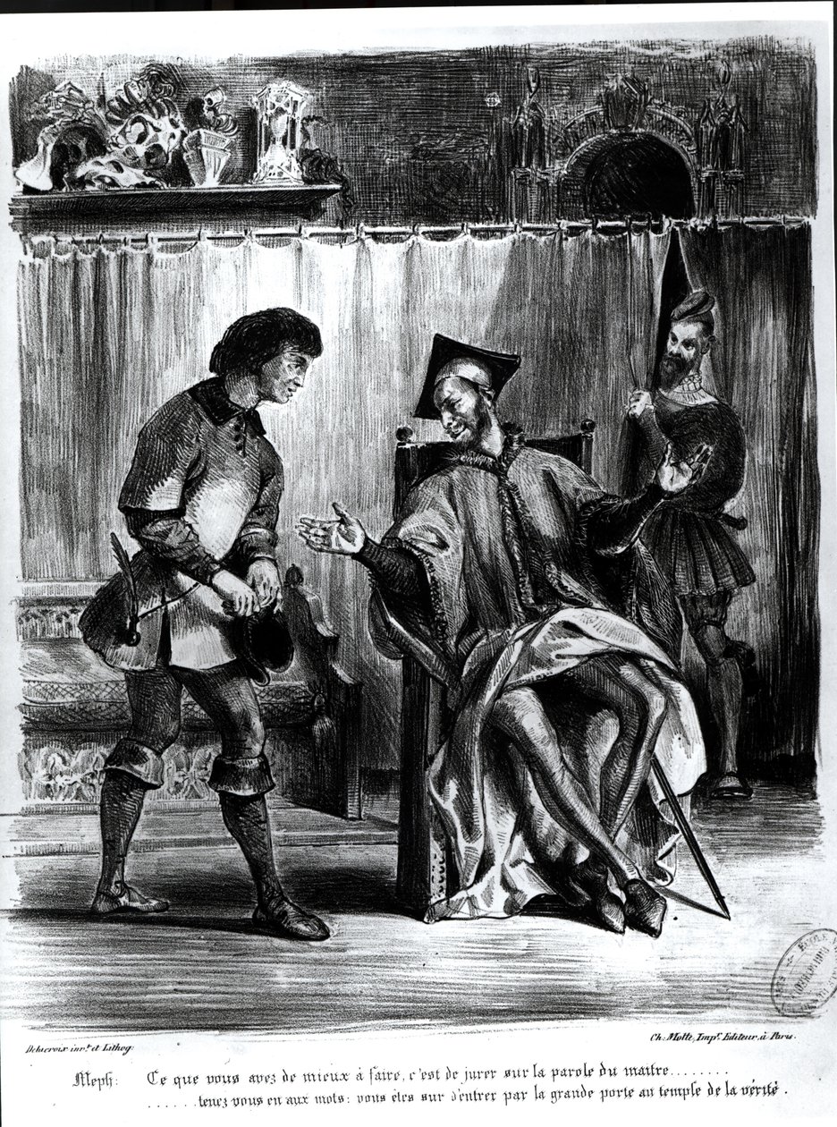 Mephistopheles and the Pupil, fra Goethes Faust, (illustrasjon), (bw foto av litografi) av Ferdinand Victor Eugene Delacroix