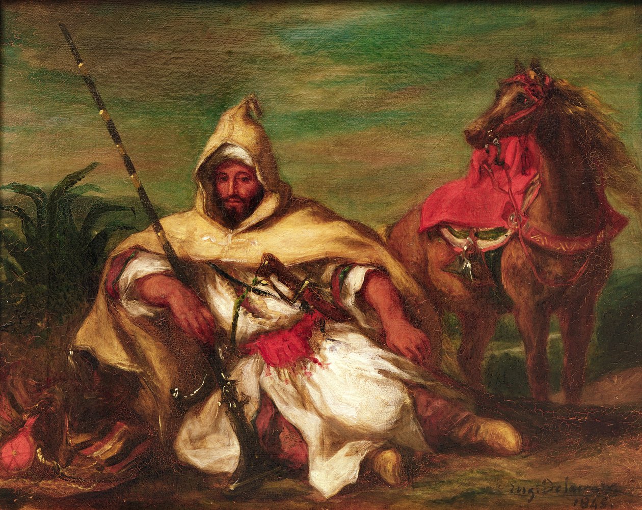 Marokkansk soldat som sitter nær hesten sin, 1845 av Ferdinand Victor Eugene Delacroix