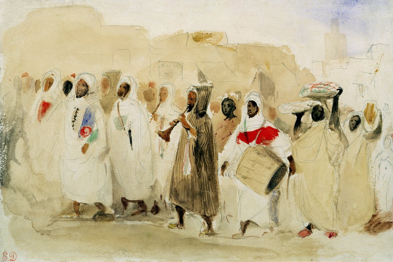 Prosesjon av musikere i Tanger (wc og blyant på papir) av Ferdinand Victor Eugene Delacroix