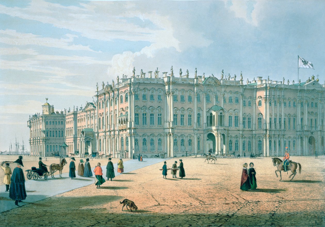 Vinterpalasset sett fra Palace Passage, St. Petersburg, ca. 1840 av Ferdinand Victor Perrot