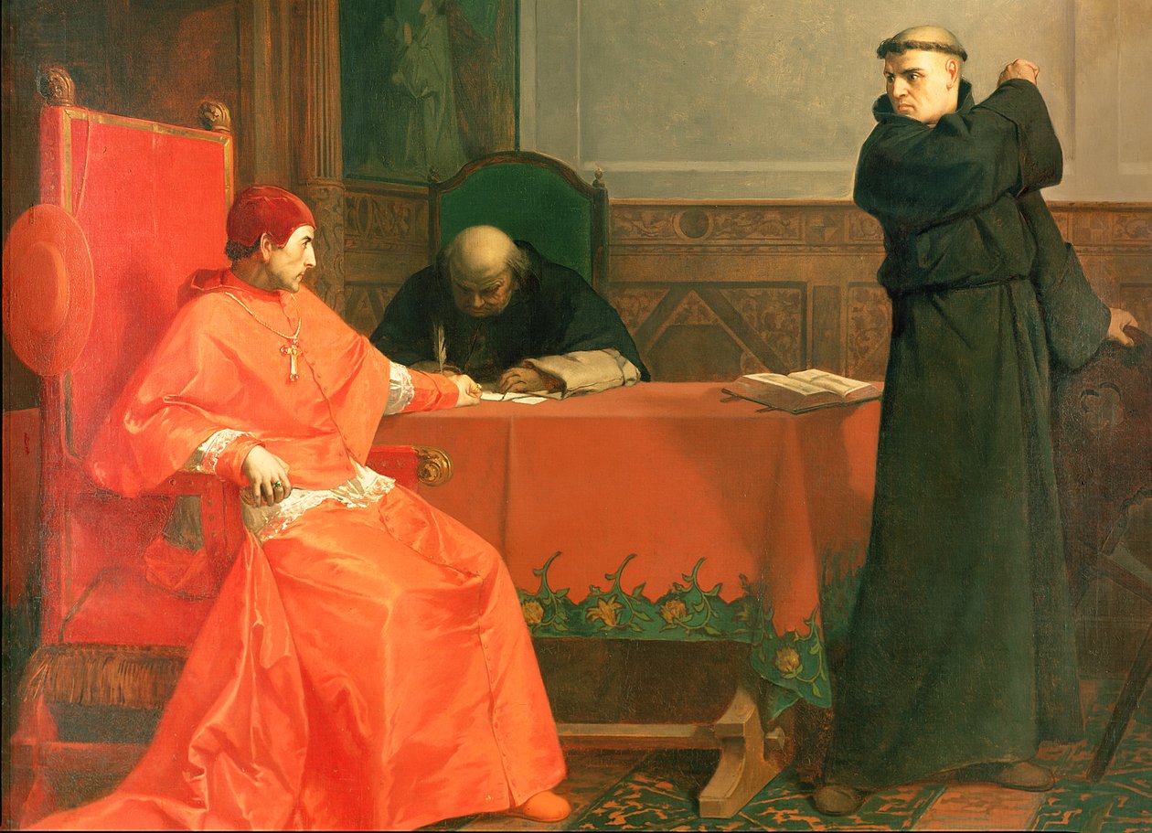 Luther foran kardinal Cajetan under kontroversen om hans 95 teser, 1870 av Ferdinand Wilhelm Pauwels