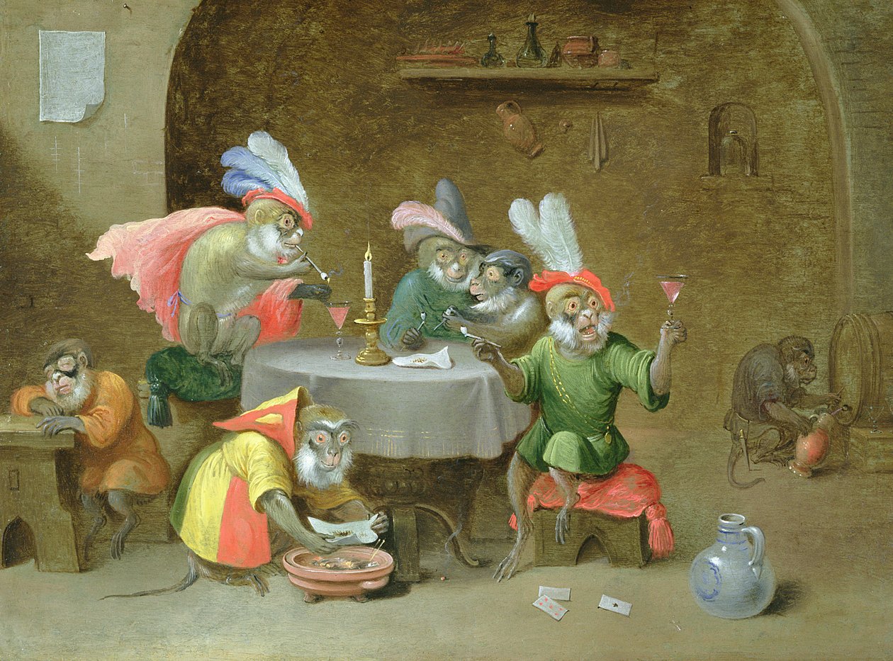 Et tavernainteriør med aper som drikker og røyker (olje på kobber) av Ferdinand van Kessel