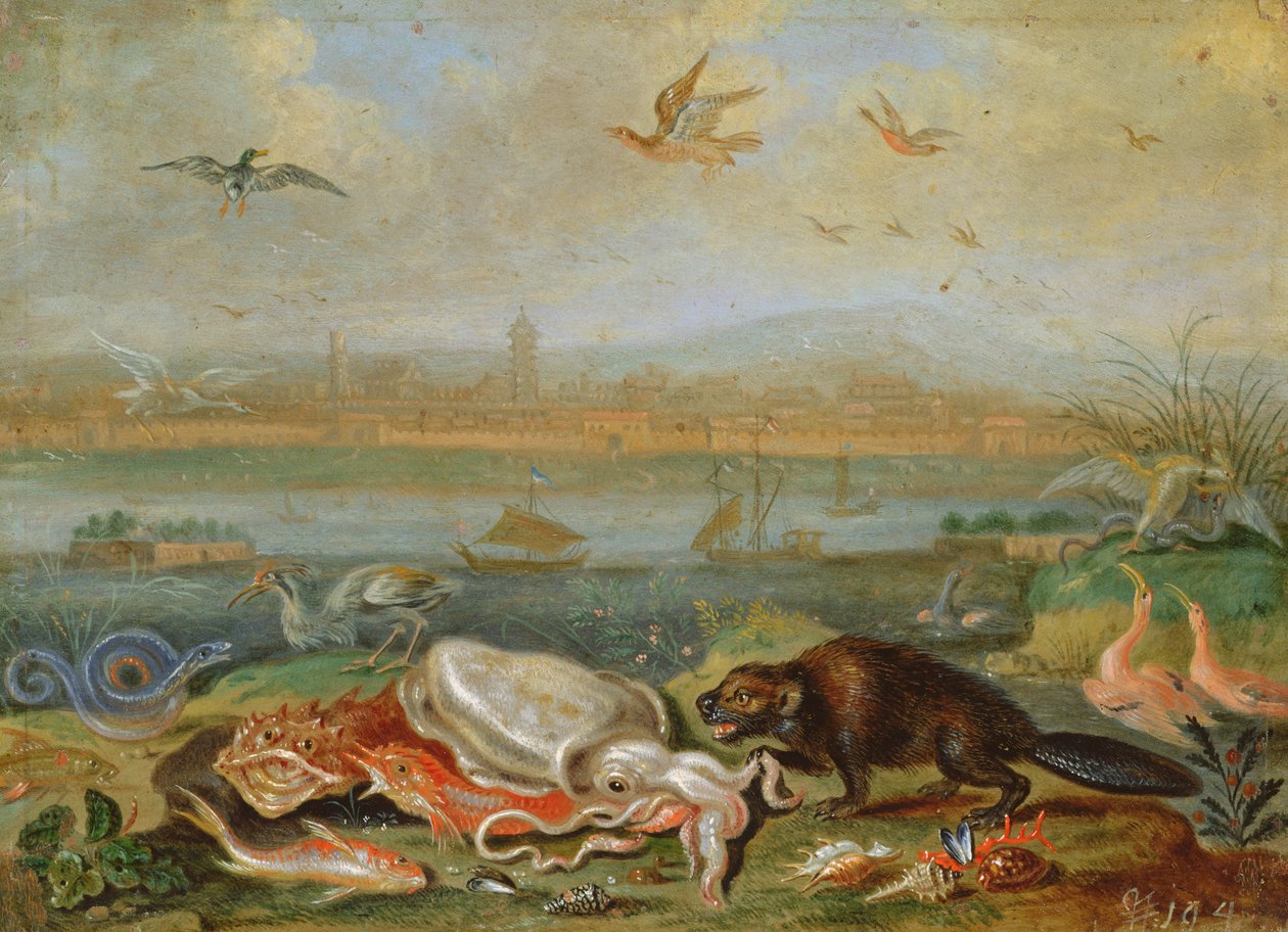 Skapninger fra de fire kontinentene i et landskap med utsikt over Kanton i bakgrunnen (olje på kobber) av Ferdinand van Kessel