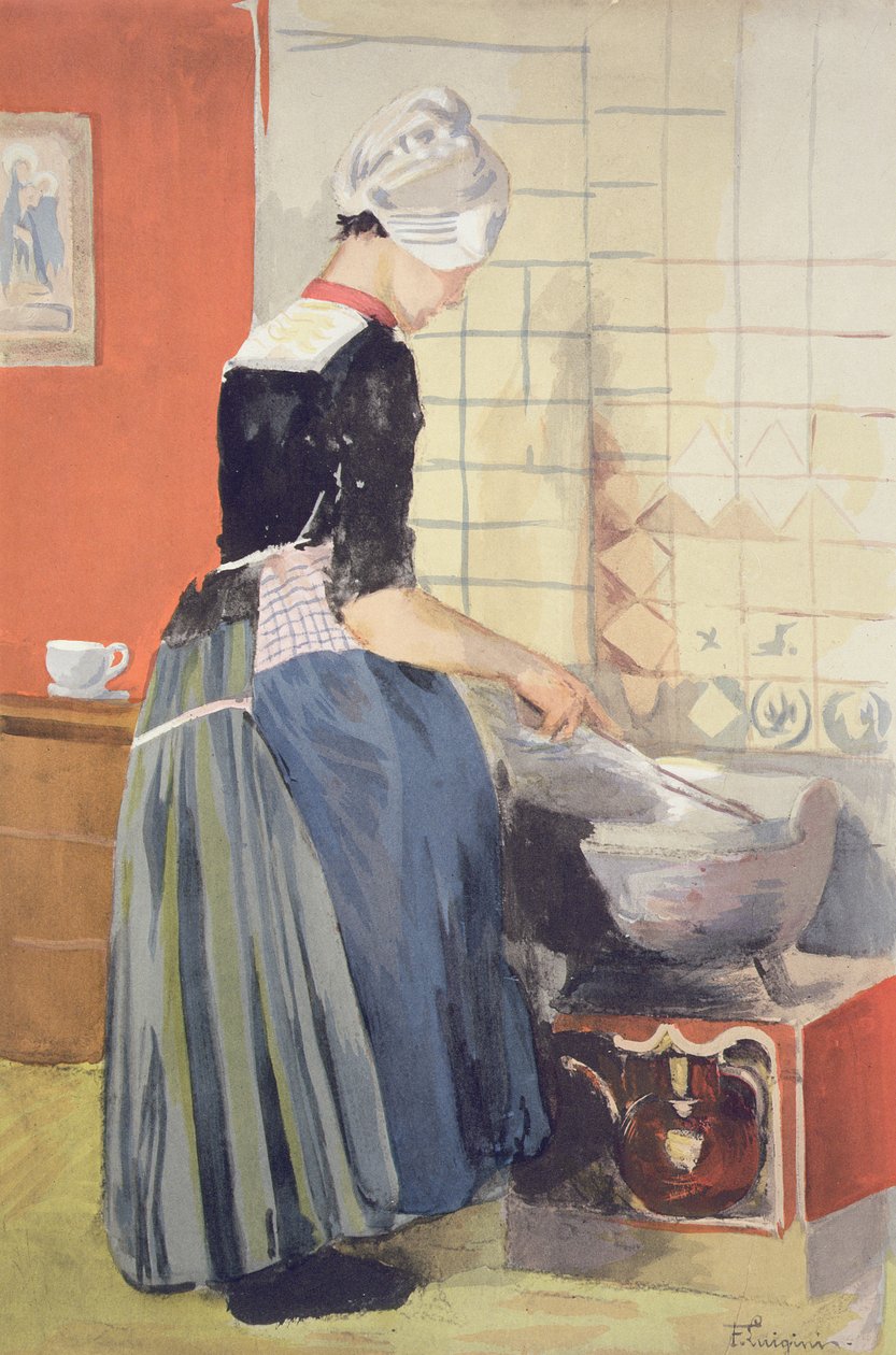 Dutch Girl Cooking, fra LEstampe Moderne, publiserte Paris 1897-99 av Ferdinand Jean Luigini