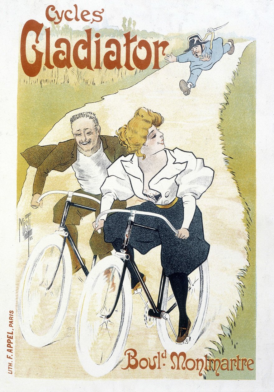 Sykkelpar jaget av en konstabel - Reklame for gladiatorsykler, av Misti, v.1895 av Ferdinand  Misti Mifliez